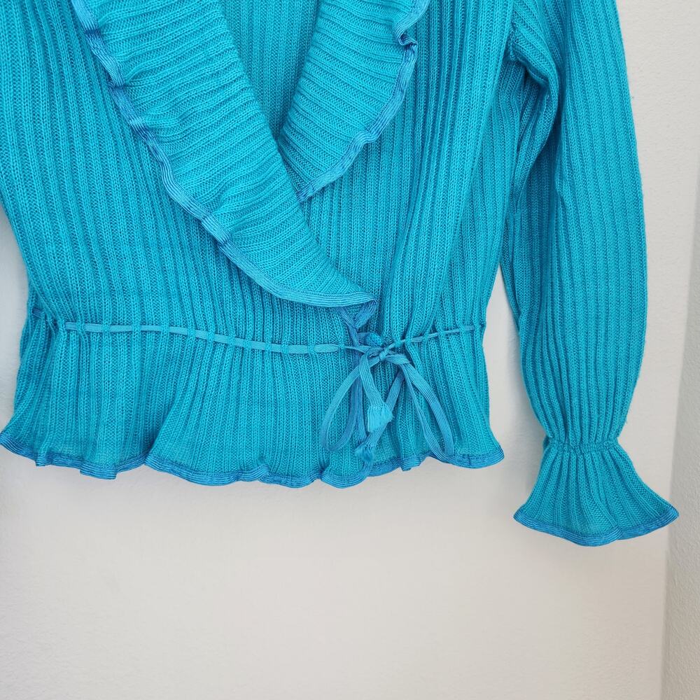 Vintage 70s Blue Teal Knit Ruffle Wrap Cardigan Tie Waist Top S Kentelle - Picture 13 of 16